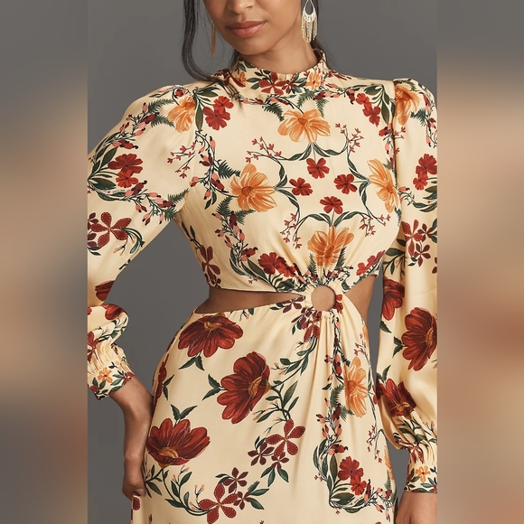 💛🏵️ Farm Rio 100% Viscose Floral Long-Sleeve Cutout Maxi Dress, M, NWT - Picture 16 of 17